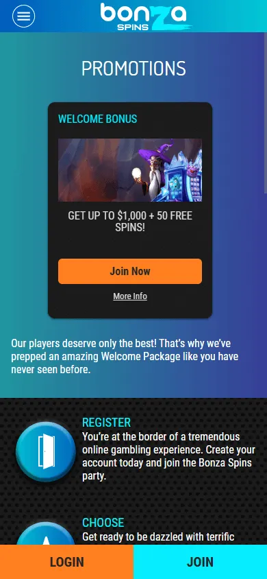Bonza Spins Casino mobile promotions area with deposit and no deposit offers