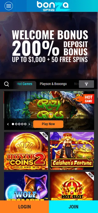 Bonza Spins Casino mobile site with access to casino games and live tables