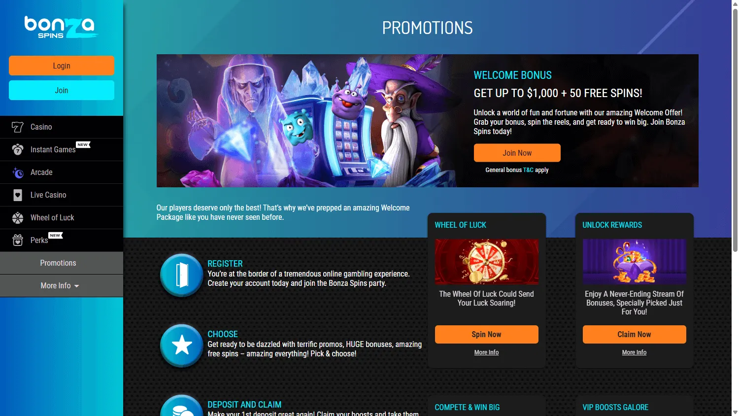 Bonza Spins Casino desktop promotions area with welcome offers and bonus details