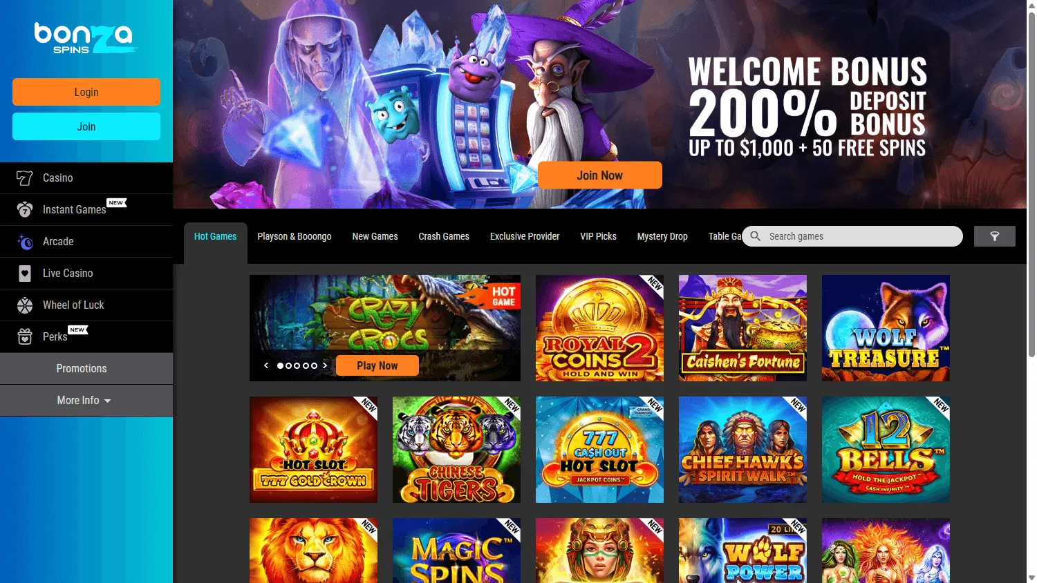 Bonza Spins Casino desktop home experience with casino games and promotional access